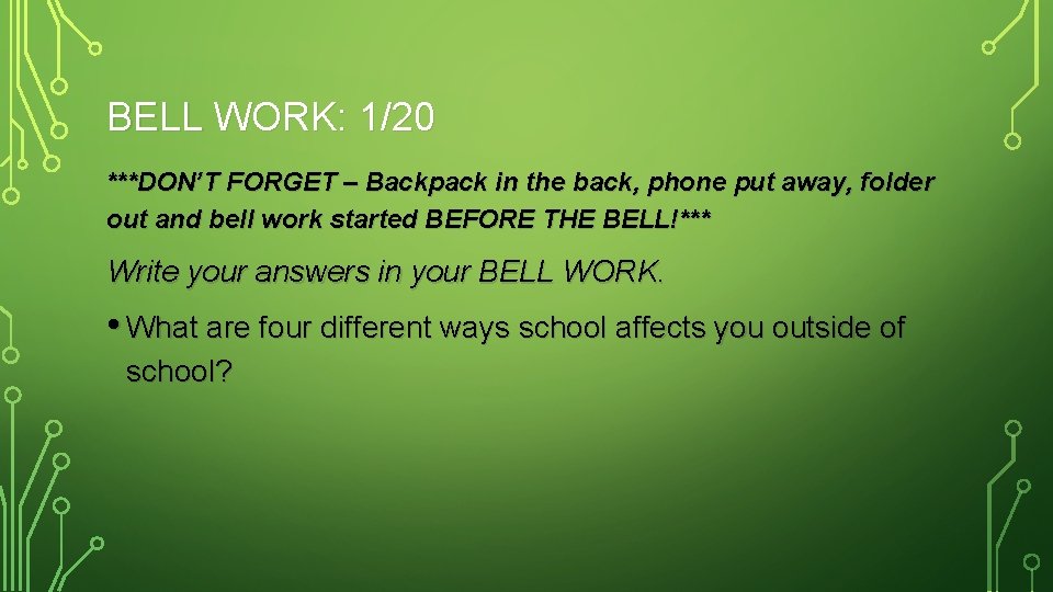 BELL WORK: 1/20 ***DON’T FORGET – Backpack in the back, phone put away, folder