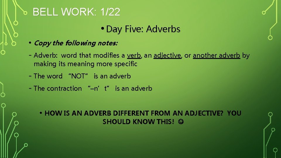 BELL WORK: 1/22 • Day Five: Adverbs • Copy the following notes: - Adverb: