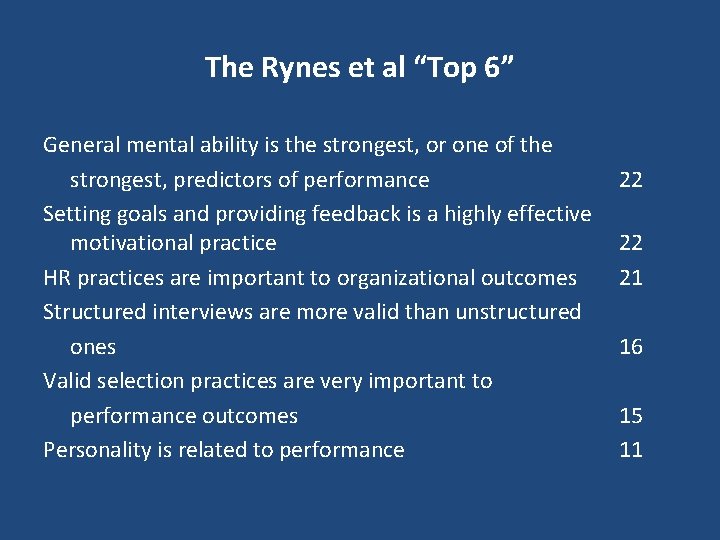 The Rynes et al “Top 6” General mental ability is the strongest, or one