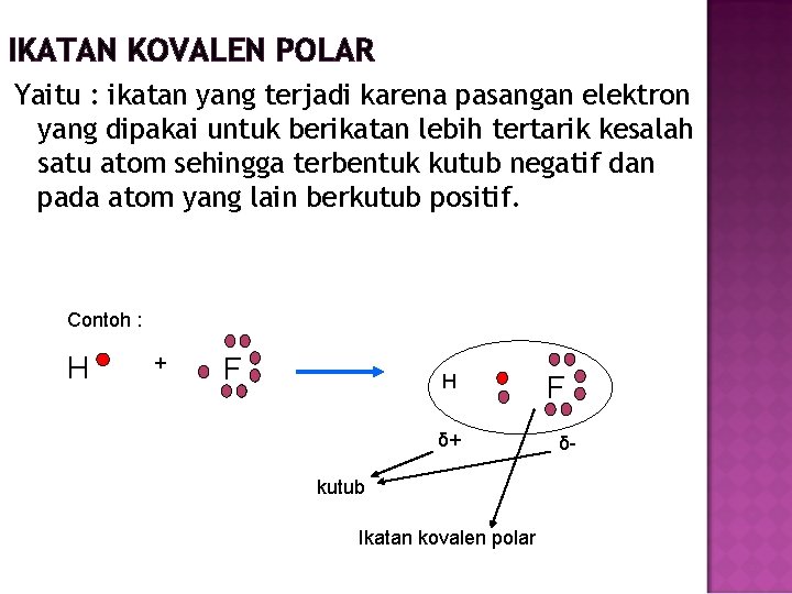 IKATAN KOVALEN POLAR Yaitu : ikatan yang terjadi karena pasangan elektron yang dipakai untuk