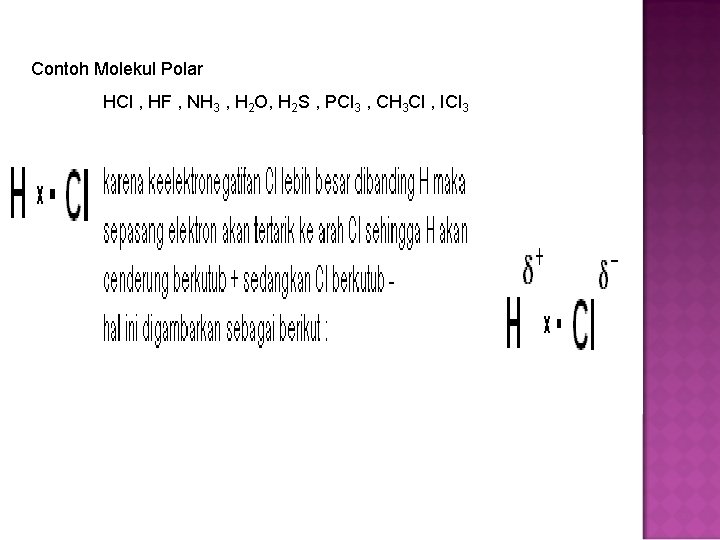 Contoh Molekul Polar HCl , HF , NH 3 , H 2 O, H