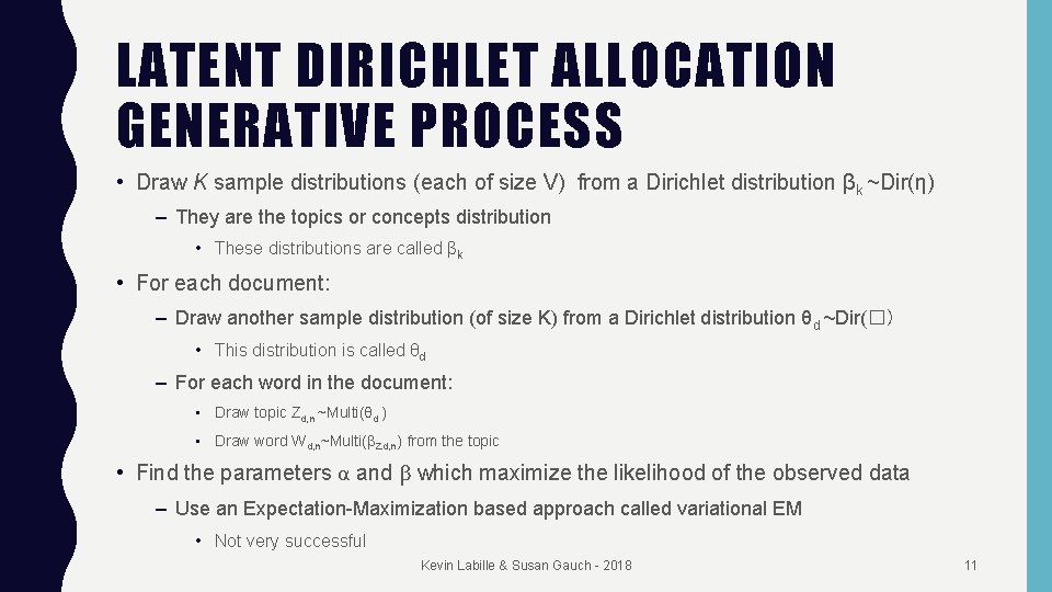LATENT DIRICHLET ALLOCATION GENERATIVE PROCESS • Draw K sample distributions (each of size V)
