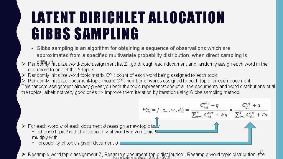 LATENT DIRICHLET ALLOCATION GIBBS SAMPLING • Gibbs sampling is an algorithm for obtaining a