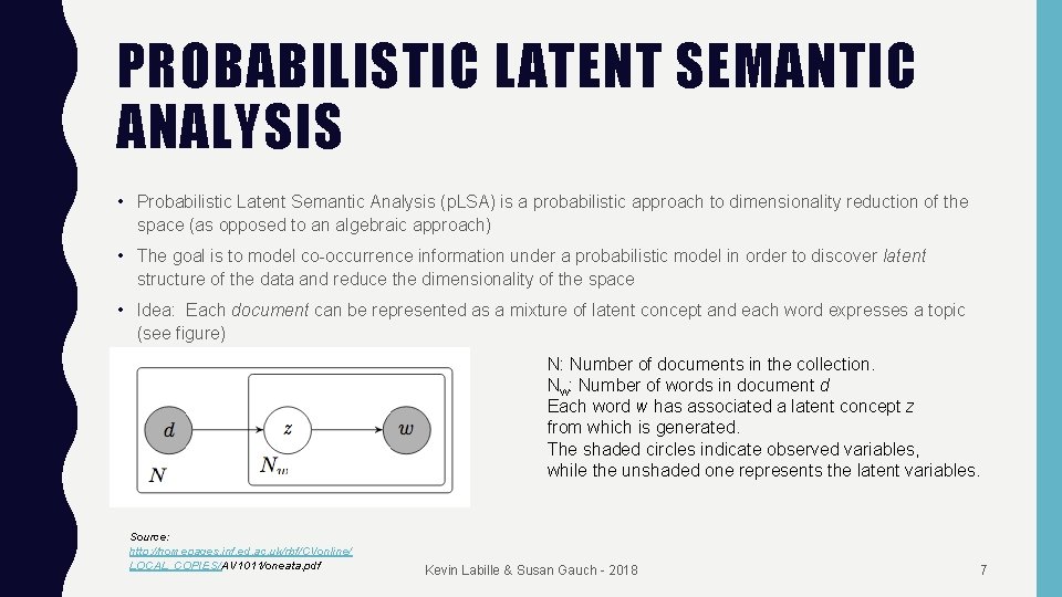 PROBABILISTIC LATENT SEMANTIC ANALYSIS • Probabilistic Latent Semantic Analysis (p. LSA) is a probabilistic