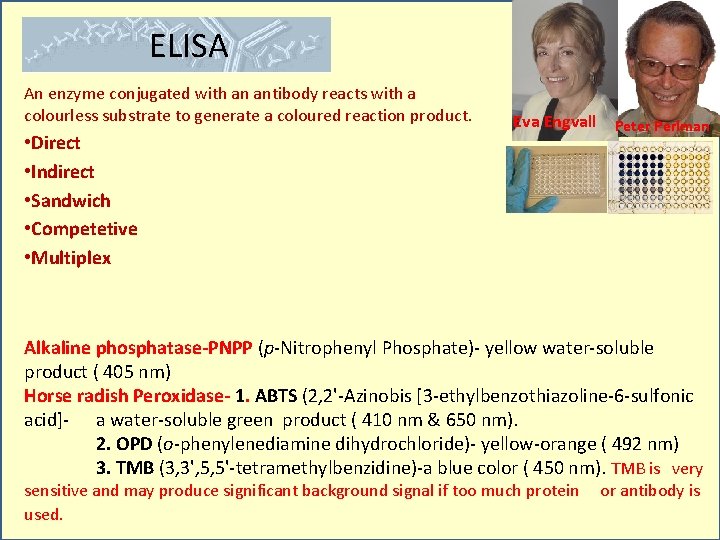 ELISA An enzyme conjugated with an antibody reacts with a colourless substrate to generate