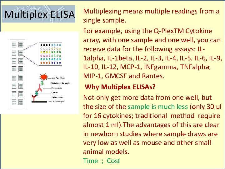 Multiplex ELISA Multiplexing means multiple readings from a single sample. For example, using the