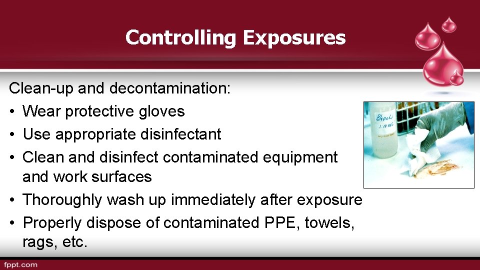 Controlling Exposures Clean-up and decontamination: • Wear protective gloves • Use appropriate disinfectant •