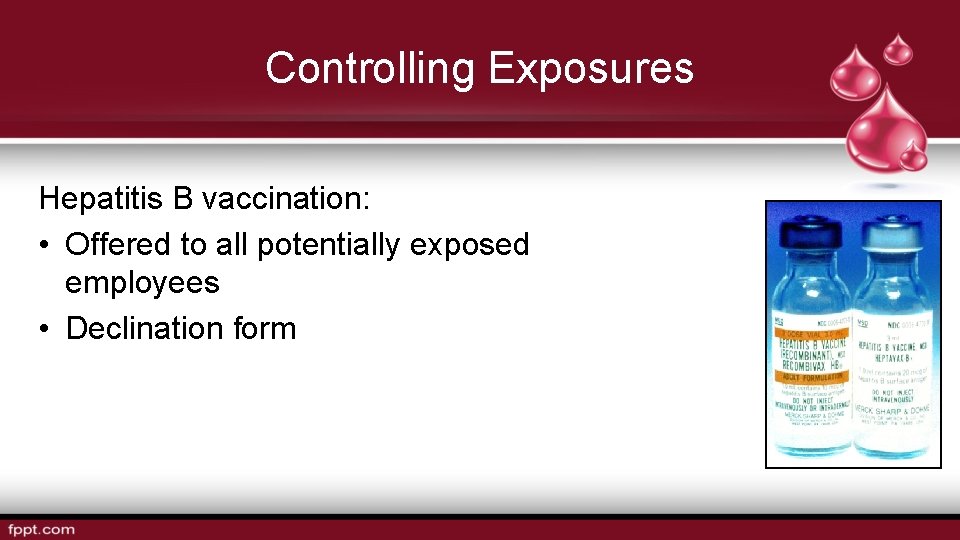 Controlling Exposures Hepatitis B vaccination: • Offered to all potentially exposed employees • Declination