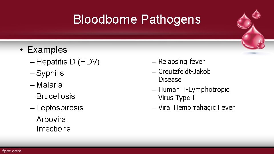 Bloodborne Pathogens • Examples – Hepatitis D (HDV) – Syphilis – Malaria – Brucellosis