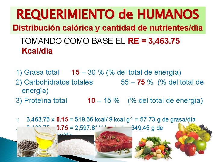 REQUERIMIENTO de HUMANOS Distribución calórica y cantidad de nutrientes/día TOMANDO COMO BASE EL RE