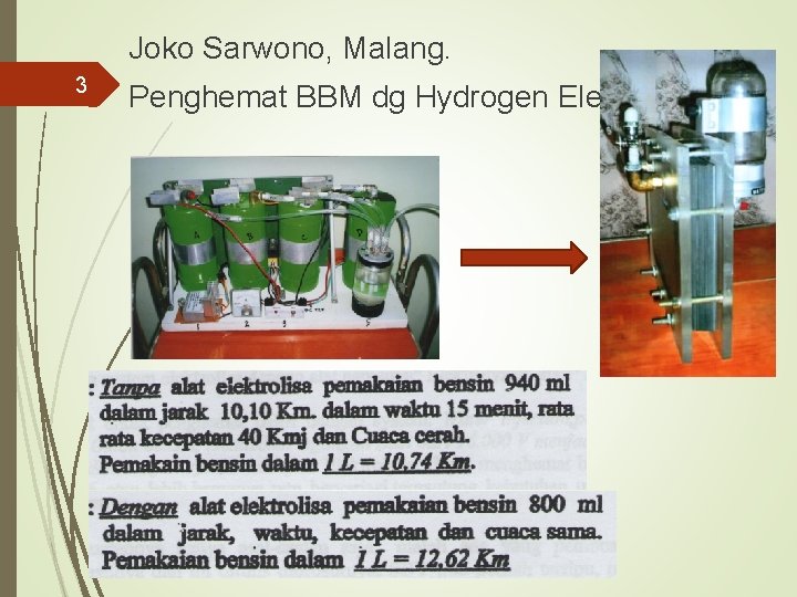 Joko Sarwono, Malang. 3 Penghemat BBM dg Hydrogen Elektrolisa. 