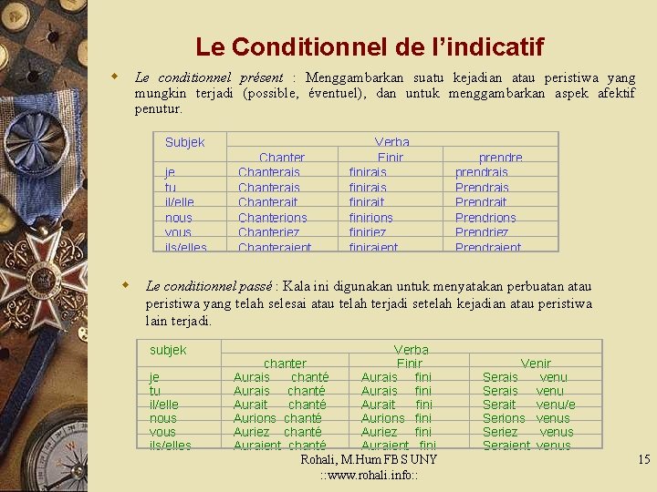 Le Conditionnel de l’indicatif w Le conditionnel présent : Menggambarkan suatu kejadian atau peristiwa