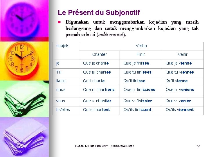 Le Présent du Subjonctif n Digunakan untuk menggambarkan kejadian yang masih berlangsung dan untuk