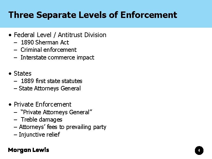 Three Separate Levels of Enforcement • Federal Level / Antitrust Division – 1890 Sherman