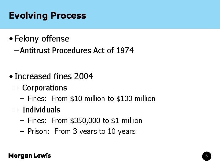 Evolving Process • Felony offense – Antitrust Procedures Act of 1974 • Increased fines