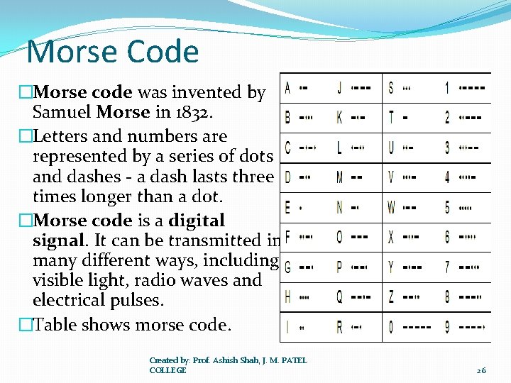 Morse Code �Morse code was invented by Samuel Morse in 1832. �Letters and numbers