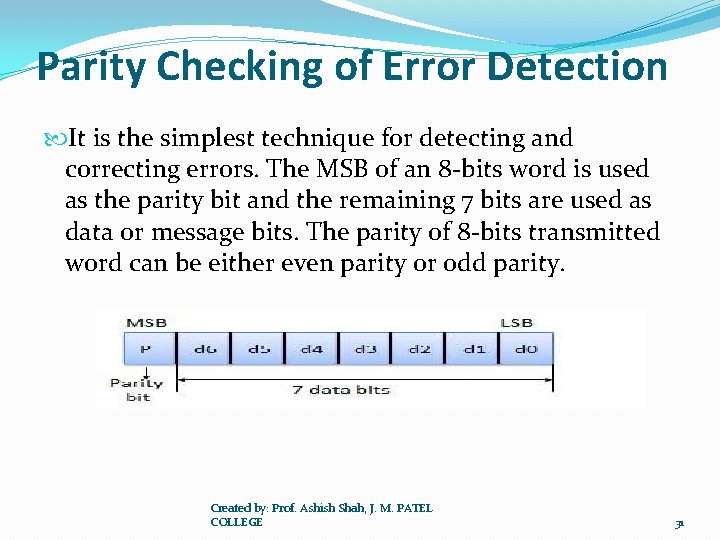 Parity Checking of Error Detection It is the simplest technique for detecting and correcting