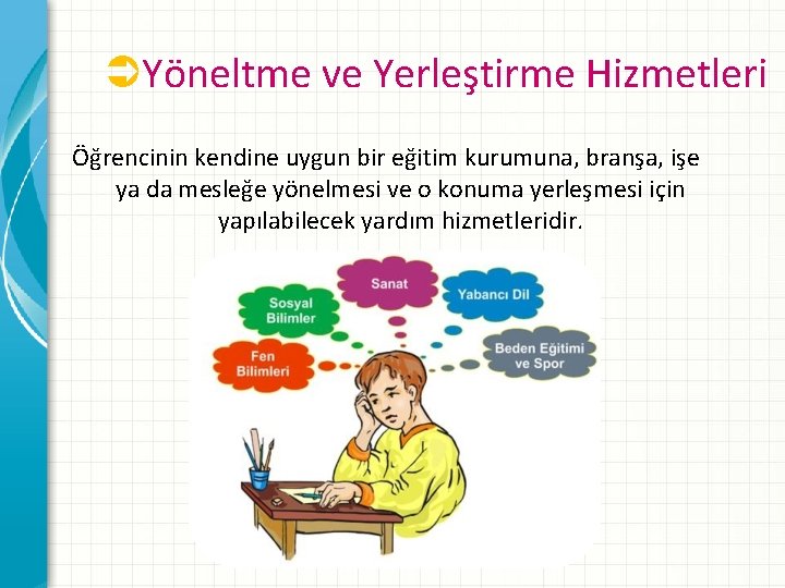 ÜYöneltme ve Yerleştirme Hizmetleri Öğrencinin kendine uygun bir eğitim kurumuna, branşa, işe ya da