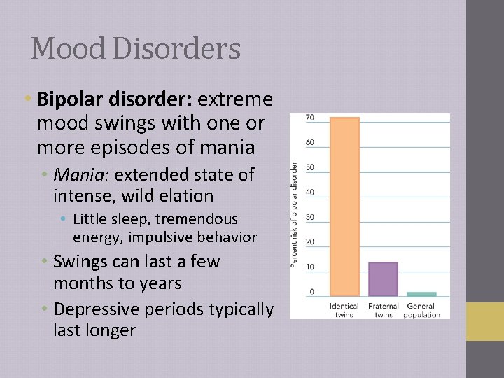 Mood Disorders • Bipolar disorder: extreme mood swings with one or more episodes of