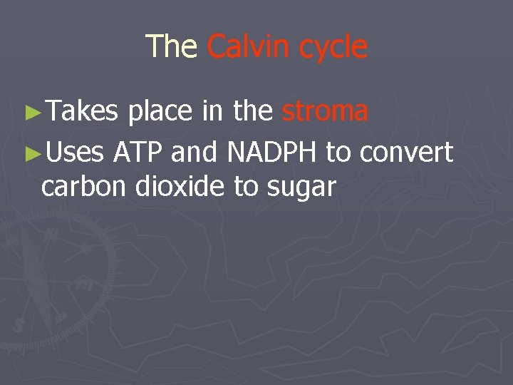 The Calvin cycle ►Takes place in the stroma ►Uses ATP and NADPH to convert