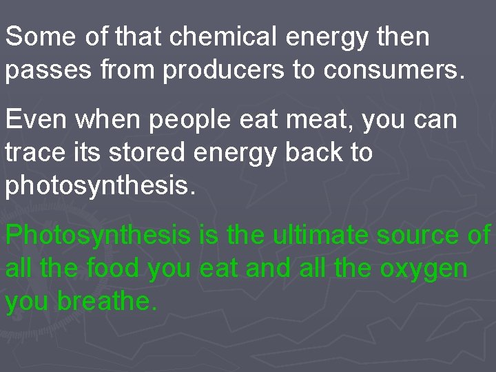 Some of that chemical energy then passes from producers to consumers. Even when people