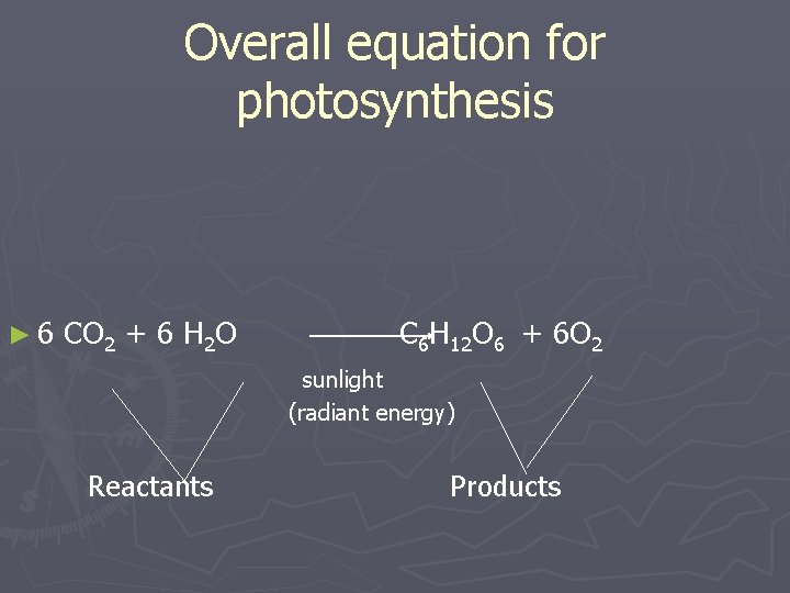Overall equation for photosynthesis ► 6 CO 2 + 6 H 2 O C