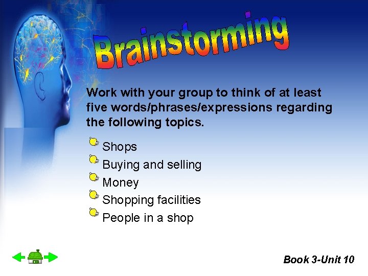 Work with your group to think of at least five words/phrases/expressions regarding the following