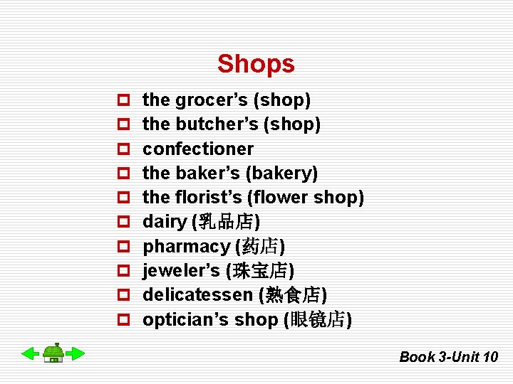 Shops p p p p p the grocer’s (shop) the butcher’s (shop) confectioner the