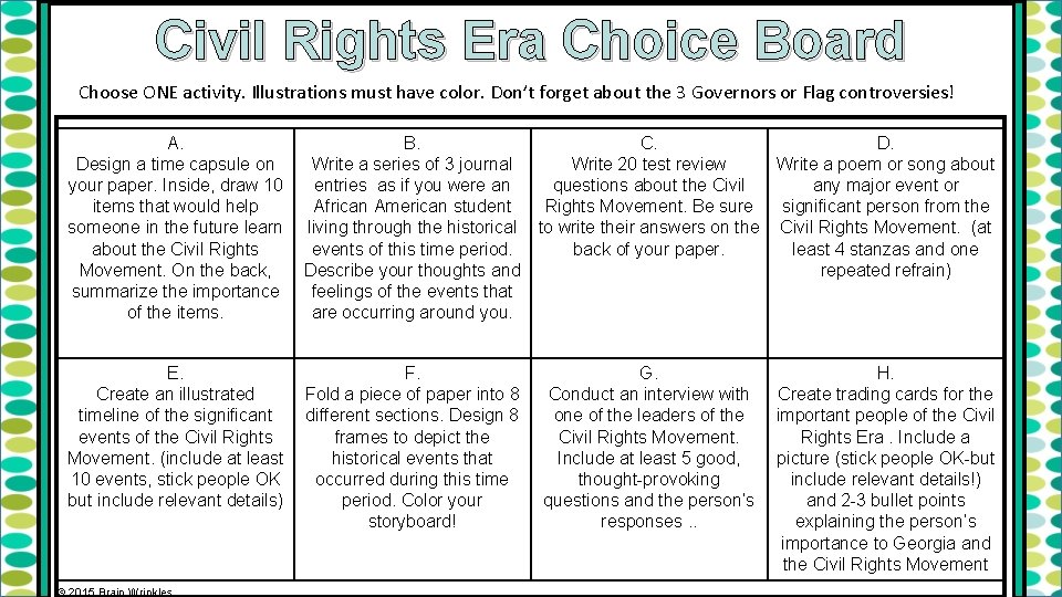 Civil Rights Era Choice Board Choose ONE activity. Illustrations must have color. Don’t forget