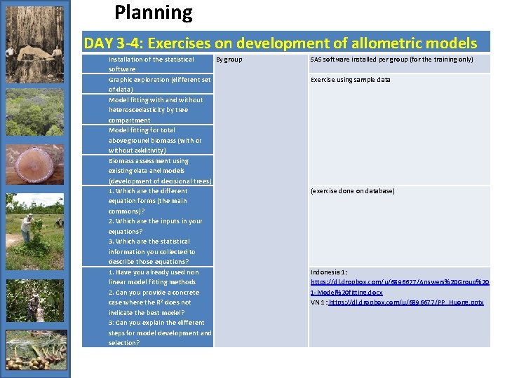 Planning DAY 3 -4: Exercises on development of allometric models Installation of the statistical