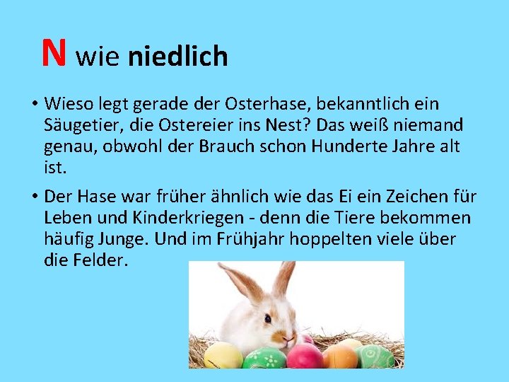 N wie niedlich • Wieso legt gerade der Osterhase, bekanntlich ein Säugetier, die Ostereier