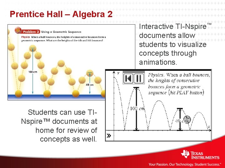 Prentice Hall – Algebra 2 Interactive TI-Nspire™ documents allow students to visualize concepts through