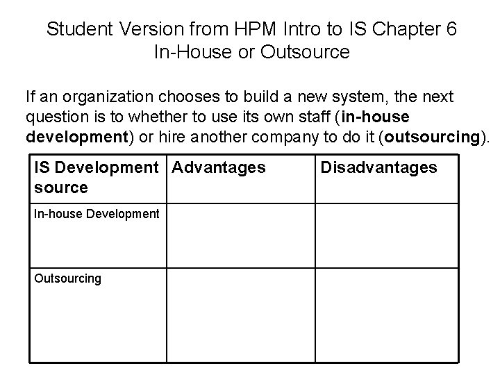 Student Version from HPM Intro to IS Chapter 6 In-House or Outsource If an
