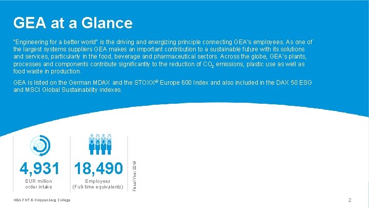 GEA at a Glance "Engineering for a better world" is the driving and energizing