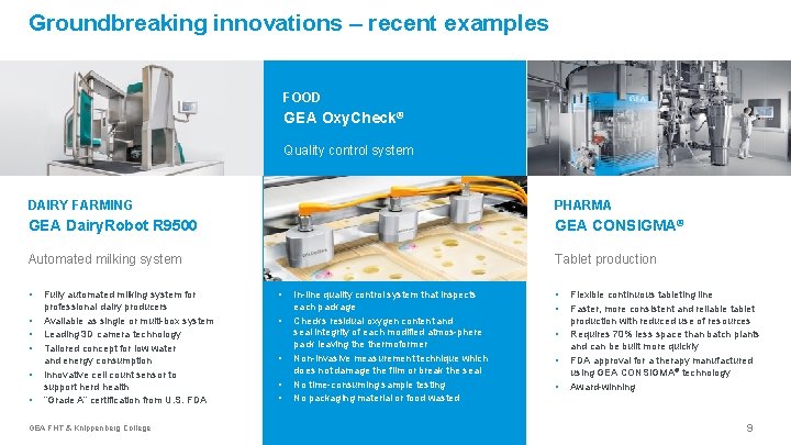 Groundbreaking innovations – recent examples FOOD GEA Oxy. Check® Quality control system DAIRY FARMING