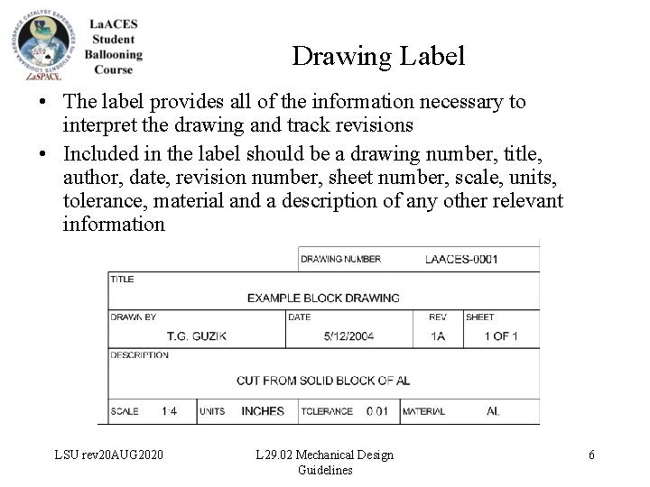 Drawing Label • The label provides all of the information necessary to interpret the