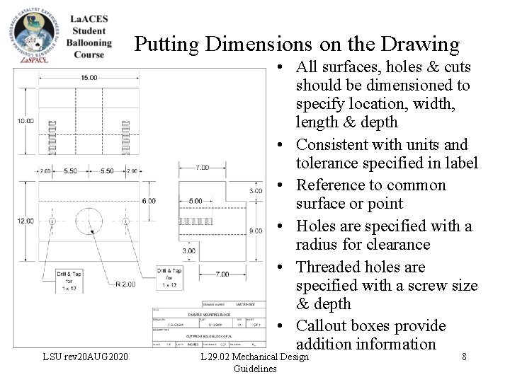Putting Dimensions on the Drawing LSU rev 20 AUG 2020 • All surfaces, holes