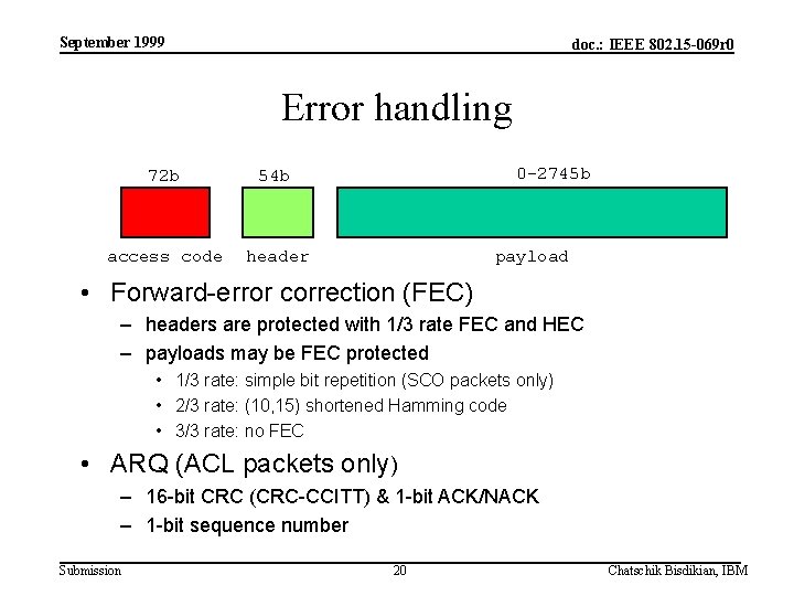 September 1999 doc. : IEEE 802. 15 -069 r 0 Error handling 72 b