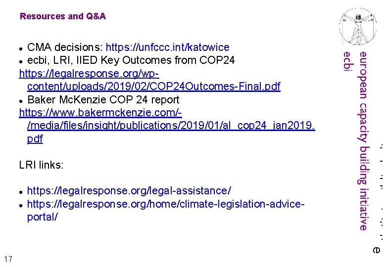 Resources and Q&A LRI links: 17 https: //legalresponse. org/legal-assistance/ https: //legalresponse. org/home/climate-legislation-adviceportal/ european capacity