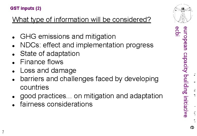 GST inputs (2) What type of information will be considered? 7 GHG emissions and
