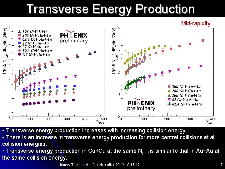 Transverse Energy Production Mid-rapidity • Transverse energy production increases with increasing collision energy. •