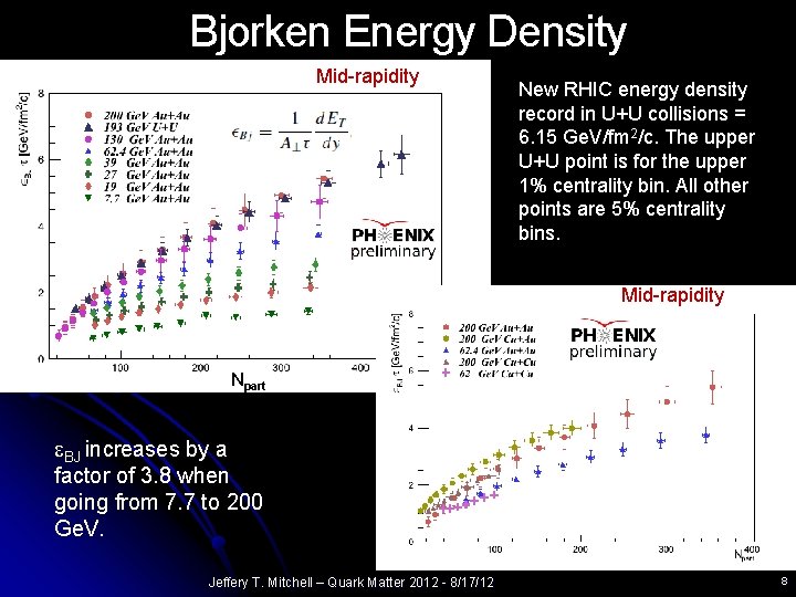 Bjorken Energy Density Mid-rapidity New RHIC energy density record in U+U collisions = 6.