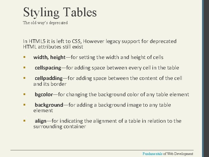 Styling Tables The old way’s deprecated In HTML 5 it is left to CSS,