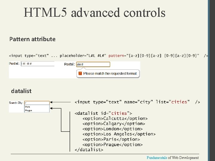 HTML 5 advanced controls Pattern attribute datalist Fundamentals of Web Development 