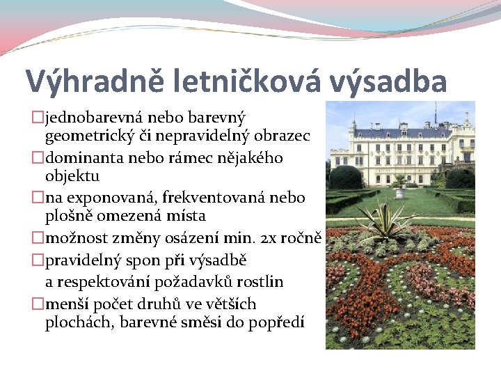 Výhradně letničková výsadba �jednobarevná nebo barevný geometrický či nepravidelný obrazec �dominanta nebo rámec nějakého