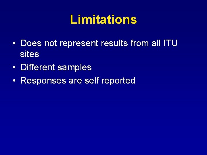 Limitations • Does not represent results from all ITU sites • Different samples •