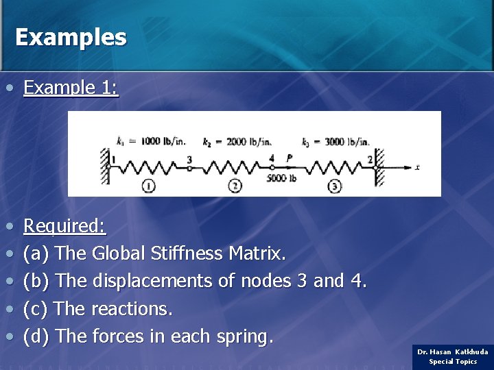 Examples • Example 1: • • • Required: (a) The Global Stiffness Matrix. (b)