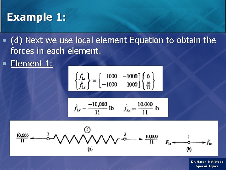 Example 1: • (d) Next we use local element Equation to obtain the forces