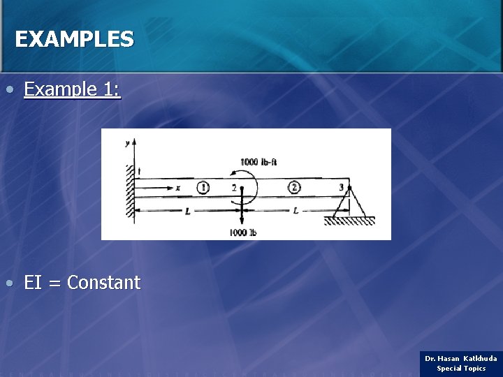 EXAMPLES • Example 1: • EI = Constant Dr. Hasan Katkhuda Special Topics 