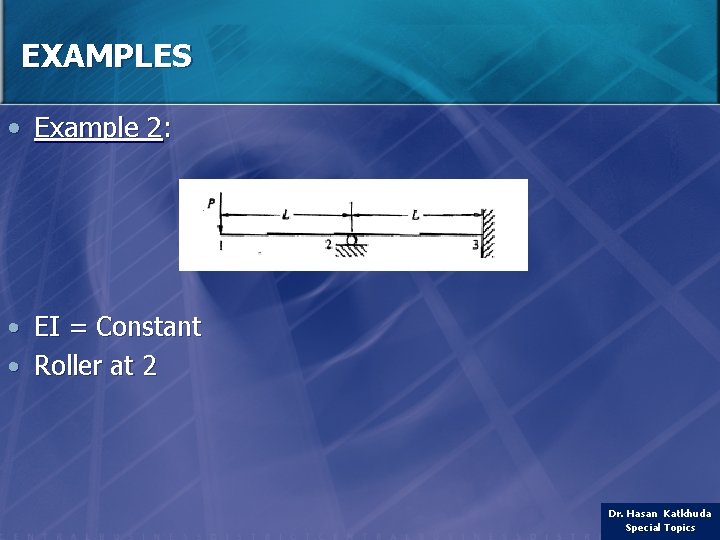 EXAMPLES • Example 2: • EI = Constant • Roller at 2 Dr. Hasan